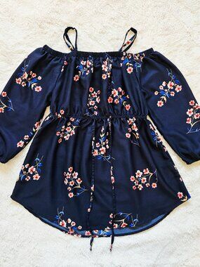 A Hint of Blush Women's Blouse Top Off-shoulder Navy Blue Floral Size S